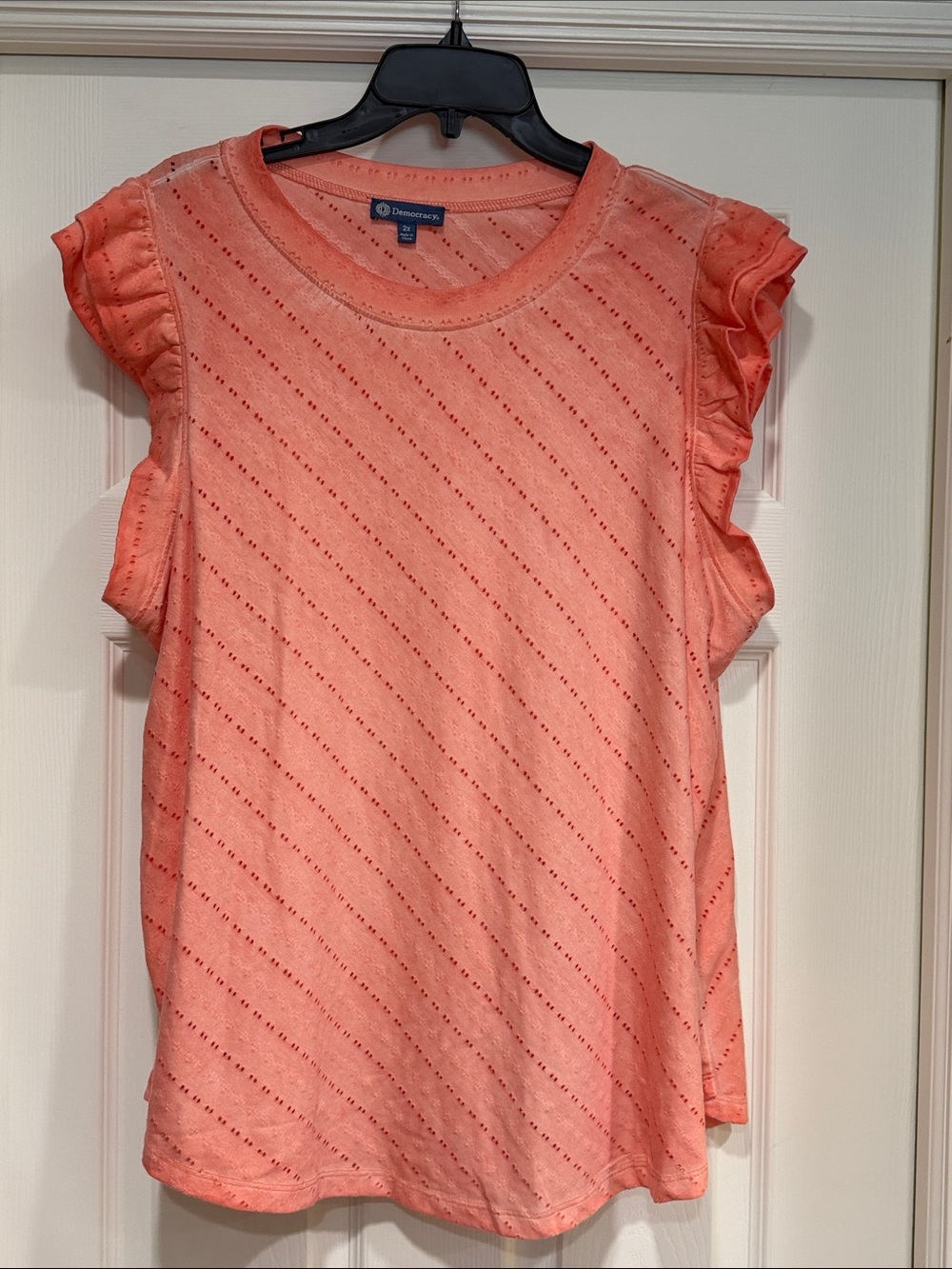 Democracy Coral Eyelet Ruffle Sleeve Knit Top